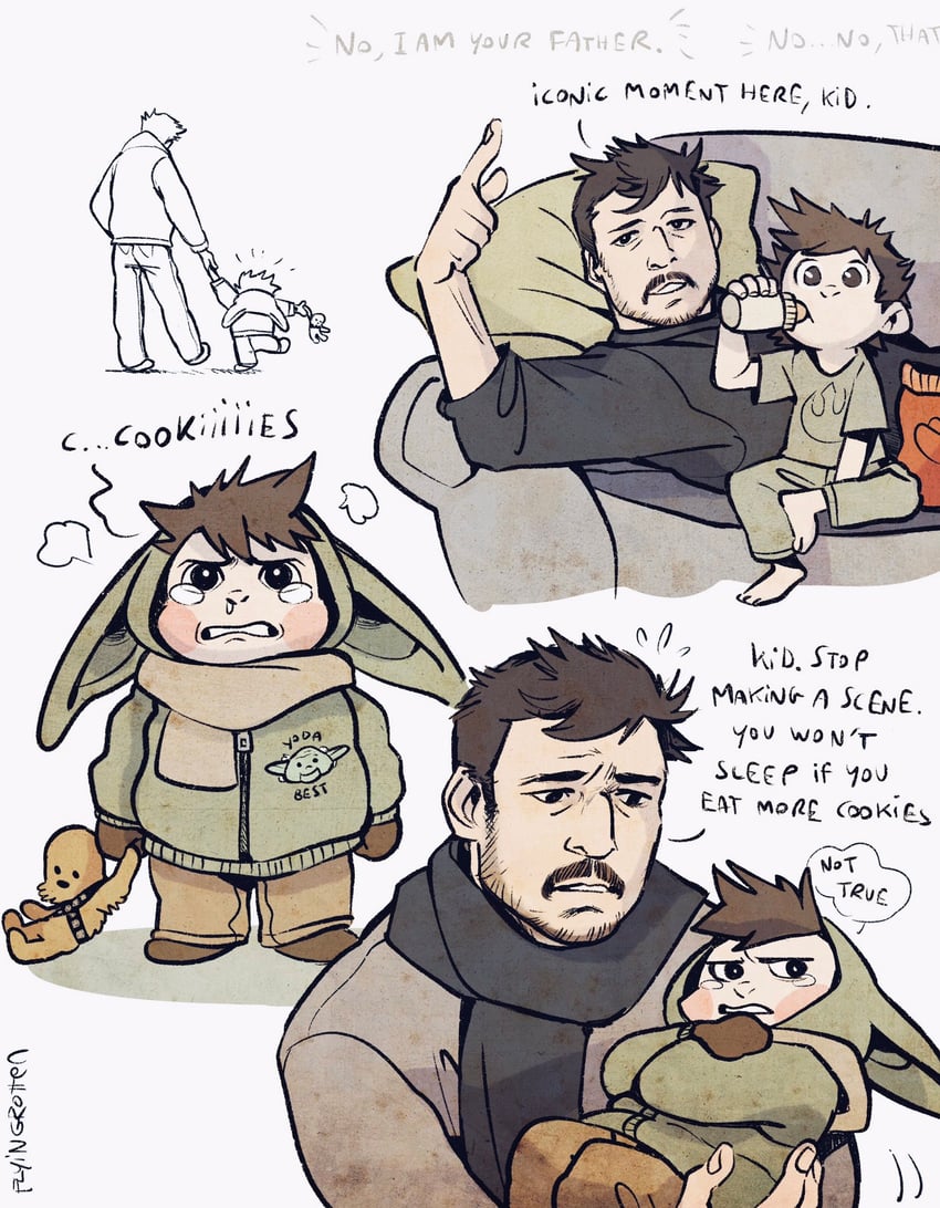 grogu, din djarin, yoda, chewbacca, and pedro pascal (real life and 2 more) drawn by flyingrotten