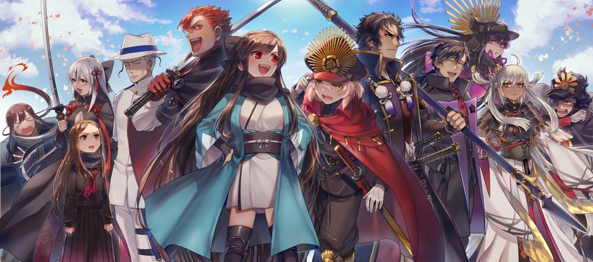 okita souji, oda nobunaga, okita souji alter, oda nobukatsu, okada izou, and 7 more (fate and 2 more) drawn by mozu_suka