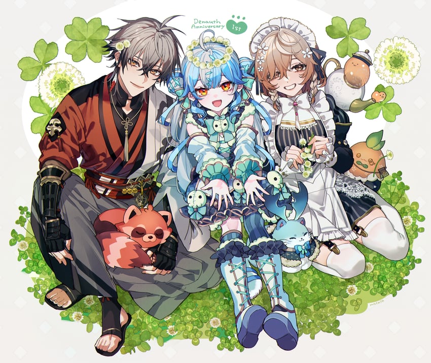 twisty amanozako, klara charmwood, ryoma barrenwort, and spiritmate (nijisanji and 1 more) drawn by kinji_(staminazuke)