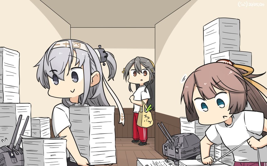 haruna, suzutsuki, kazagumo, and chou-10cm-hou-chan (kantai collection) drawn by hamu_koutarou