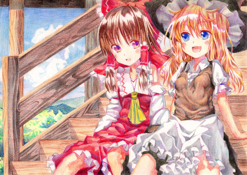 hakurei reimu and kirisame marisa (touhou) drawn by denchu_(kazudentyu)