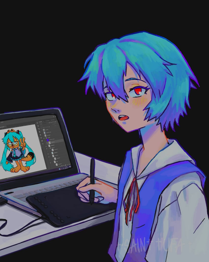hatsune miku, ayanami rei, and garfield (vocaloid and 2 more) drawn by sainttufa