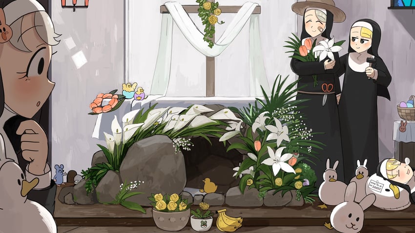 clumsy nun, spicy nun, bunny nun, and leaf nun (little nuns) drawn by diva_(hyxpk)