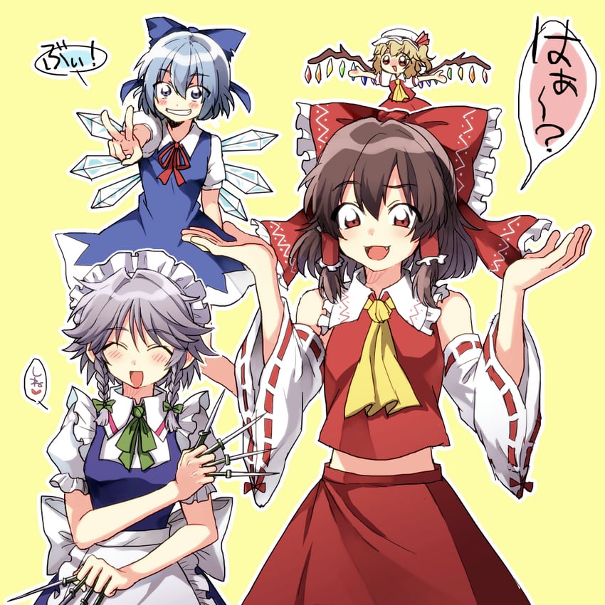 hakurei reimu, flandre scarlet, izayoi sakuya, and cirno (touhou) drawn by zyako_tales
