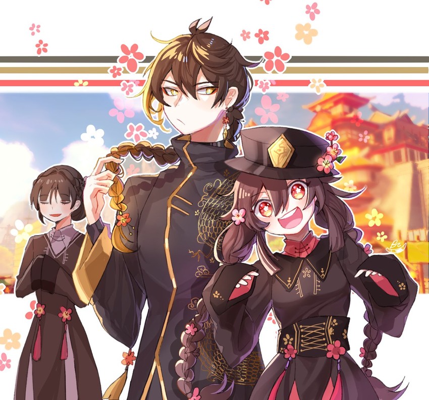 hu tao, zhongli, and ferrylady (genshin impact) drawn by kongbz_gimpact
