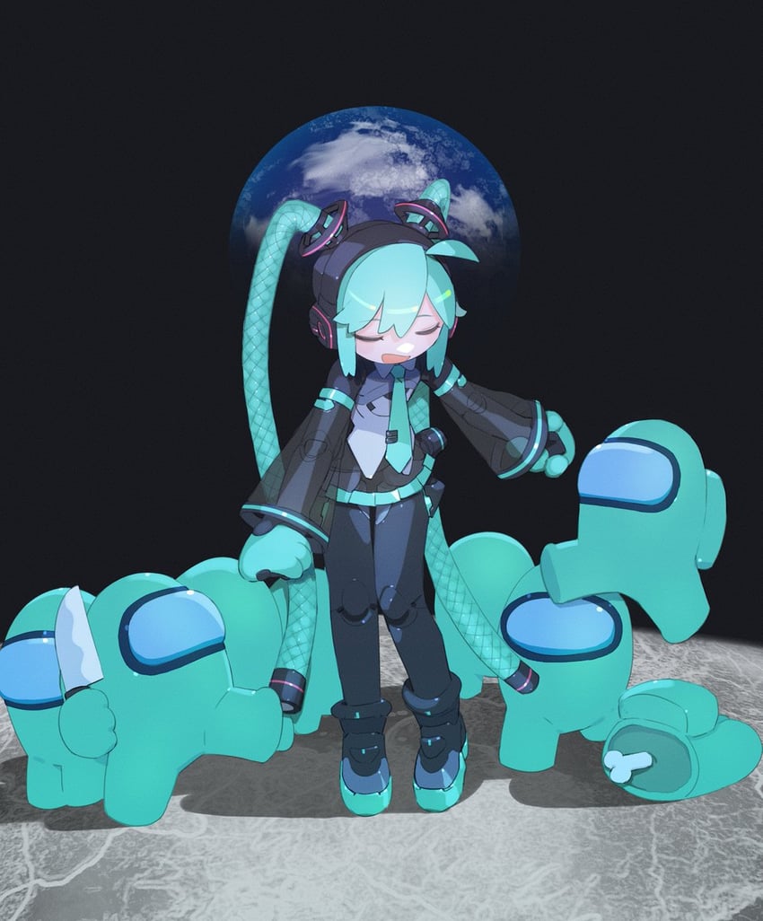 hatsune miku, crewmate, impostor, cyan, proto miku, and 1 more (vocaloid and 1 more) drawn by cheri_zao