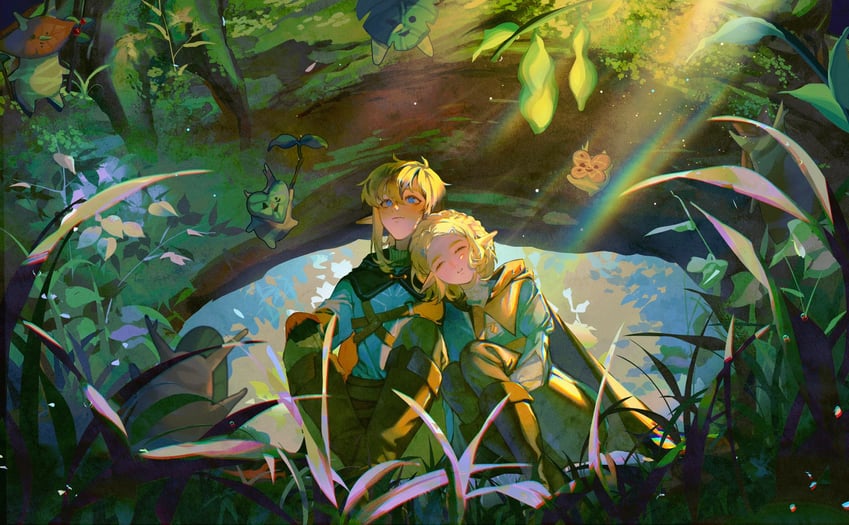 link, princess zelda, and korok (the legend of zelda and 1 more) drawn by jiuminene