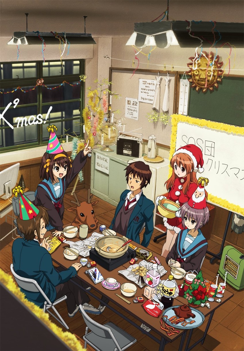 suzumiya haruhi, nagato yuki, asahina mikuru, kyon, and koizumi itsuki (suzumiya haruhi no yuuutsu and 1 more)