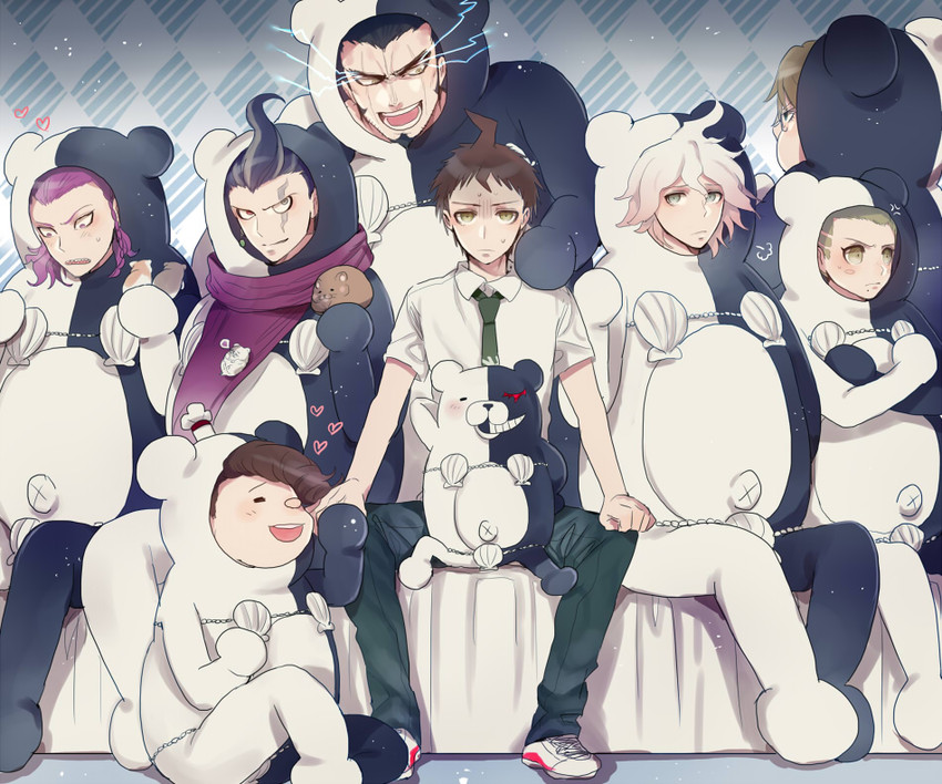 komaeda nagito, hinata hajime, monokuma, soda kazuichi, tanaka gundham, and 8 more (danganronpa and 1 more) drawn by inseki_tarou