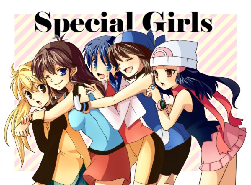 dawn, may, kris, green, and yellow (pokemon and 1 more) drawn by mokorei