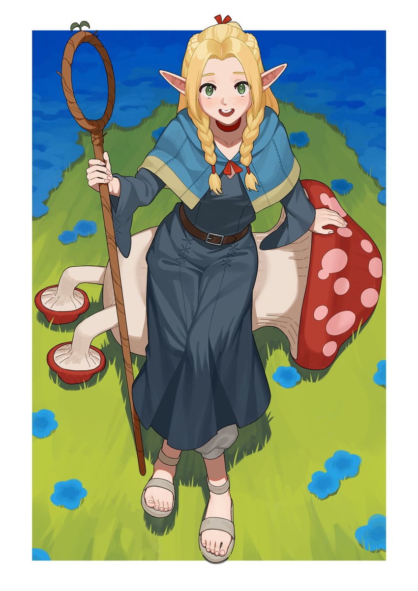 marcille donato and walking mushroom (dungeon meshi) drawn by karassawa