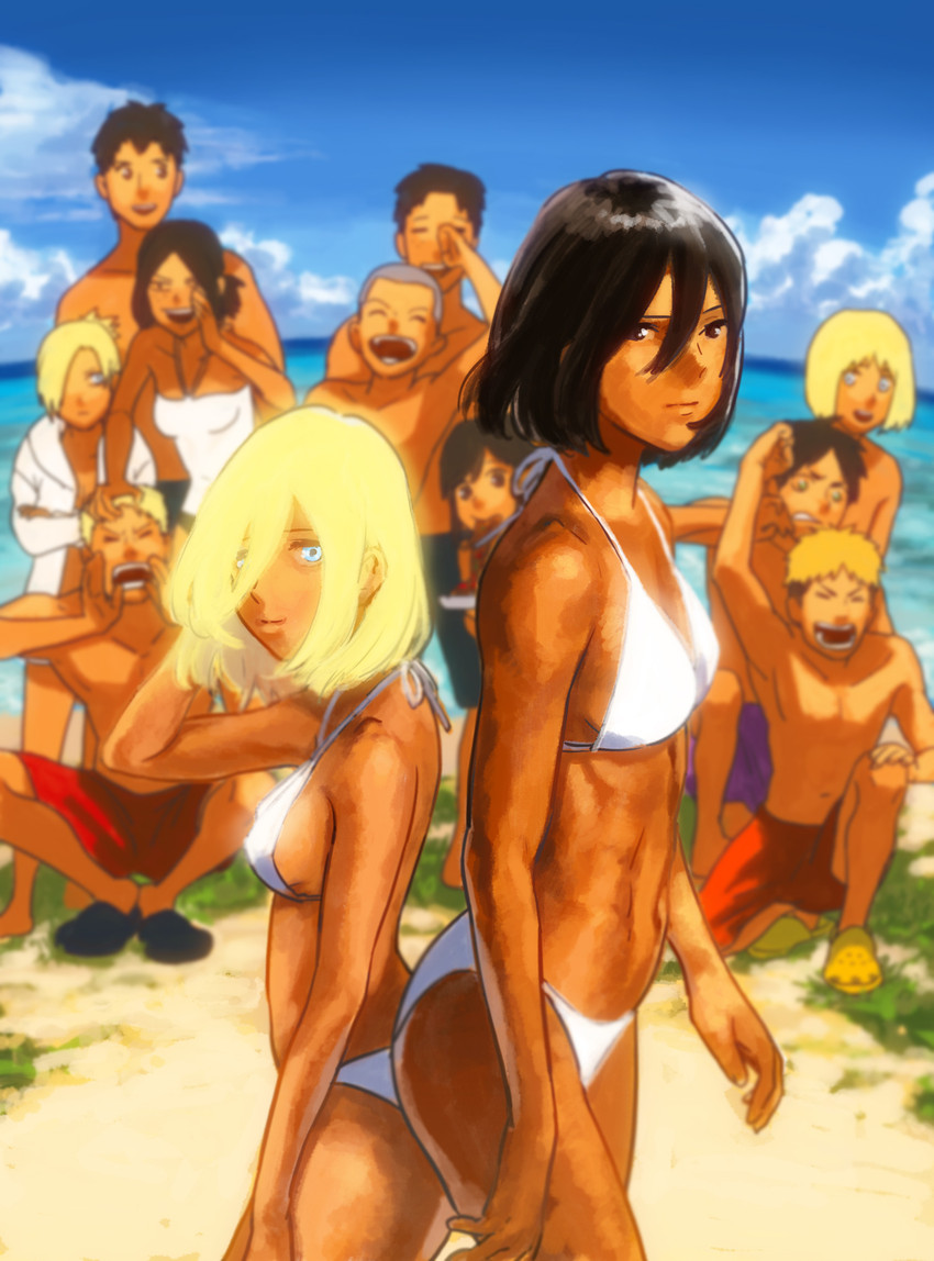 mikasa ackerman, eren yeager, krista lenz, ymir, armin arlert, and 3 more (shingeki no kyojin) drawn by 3_(k--n--ako)