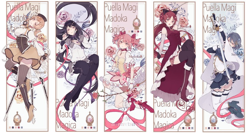 akemi homura, kaname madoka, miki sayaka, sakura kyoko, and tomoe mami (mahou shoujo madoka magica) drawn by satsuki_(miicat)