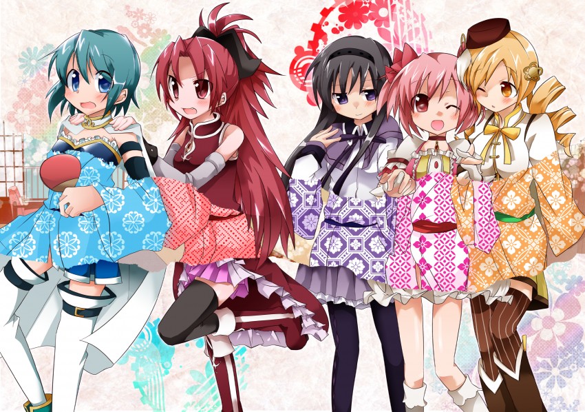 akemi homura, kaname madoka, miki sayaka, sakura kyoko, and tomoe mami (mahou shoujo madoka magica) drawn by araragi_ayune