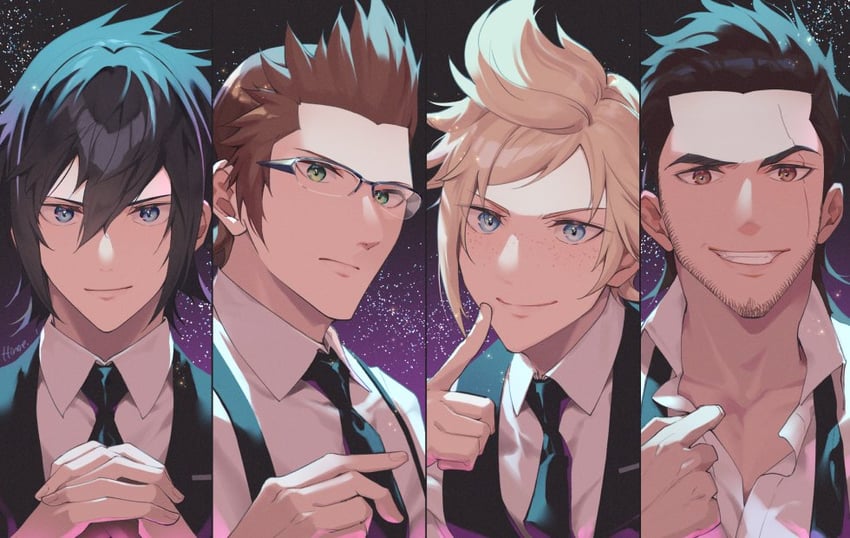 noctis lucis caelum, gladiolus amicitia, prompto argentum, and ignis scientia (final fantasy and 1 more) drawn by hinoe_(dd_works)