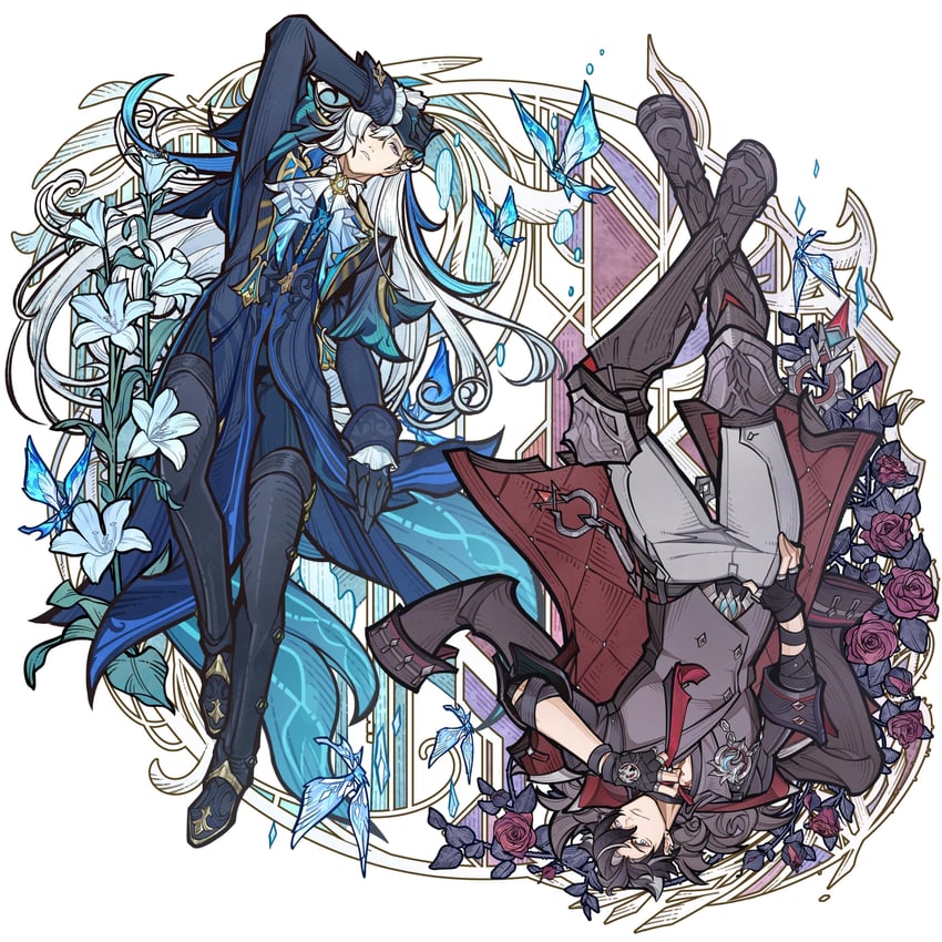 neuvillette, wriothesley, and crystalfly (genshin impact) drawn by sumirou-kun