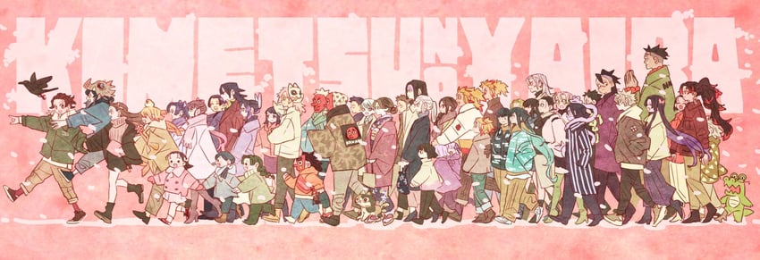 kamado nezuko, kochou shinobu, kanroji mitsuri, kamado tanjirou, rengoku kyoujurou, and 45 more (kimetsu no yaiba) drawn by takeuchi_ryousuke