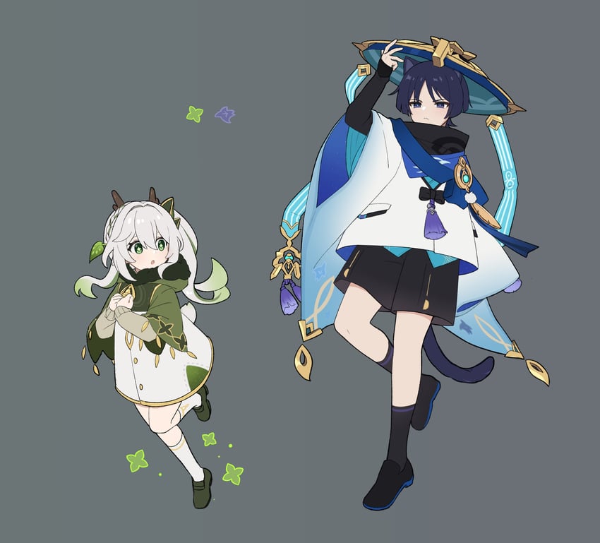 scaramouche, nahida, and wanderer (genshin impact) drawn by marimo_jh