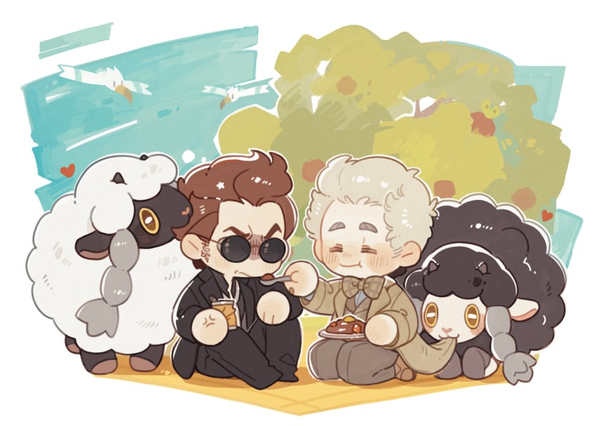 wingull, wooloo, crowley, and aziraphale (pokemon and 1 more) drawn by luminous_slime