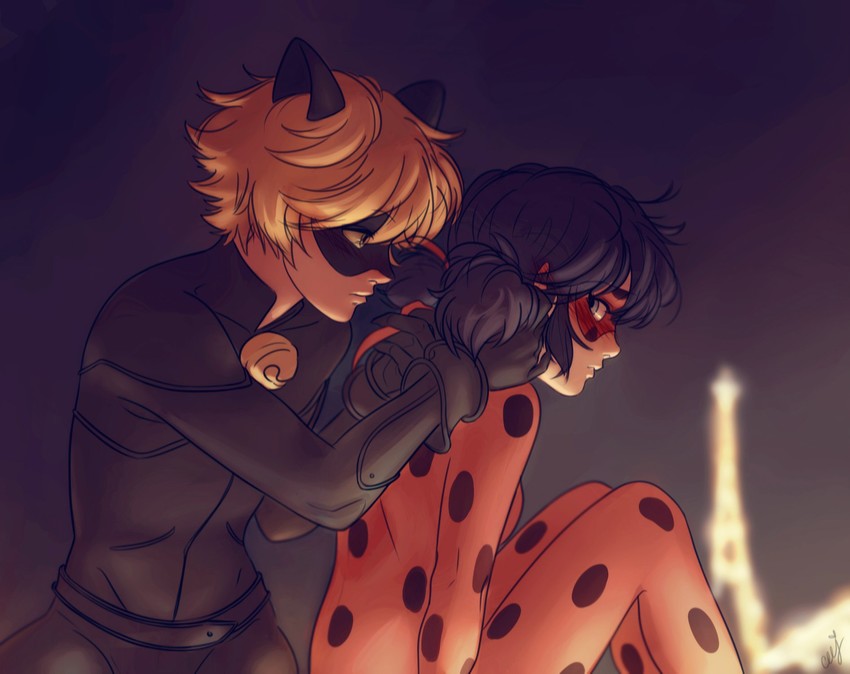 marinette dupain-cheng, adrien agreste, ladybug, and chat noir (miraculous ladybug) drawn by ceejles