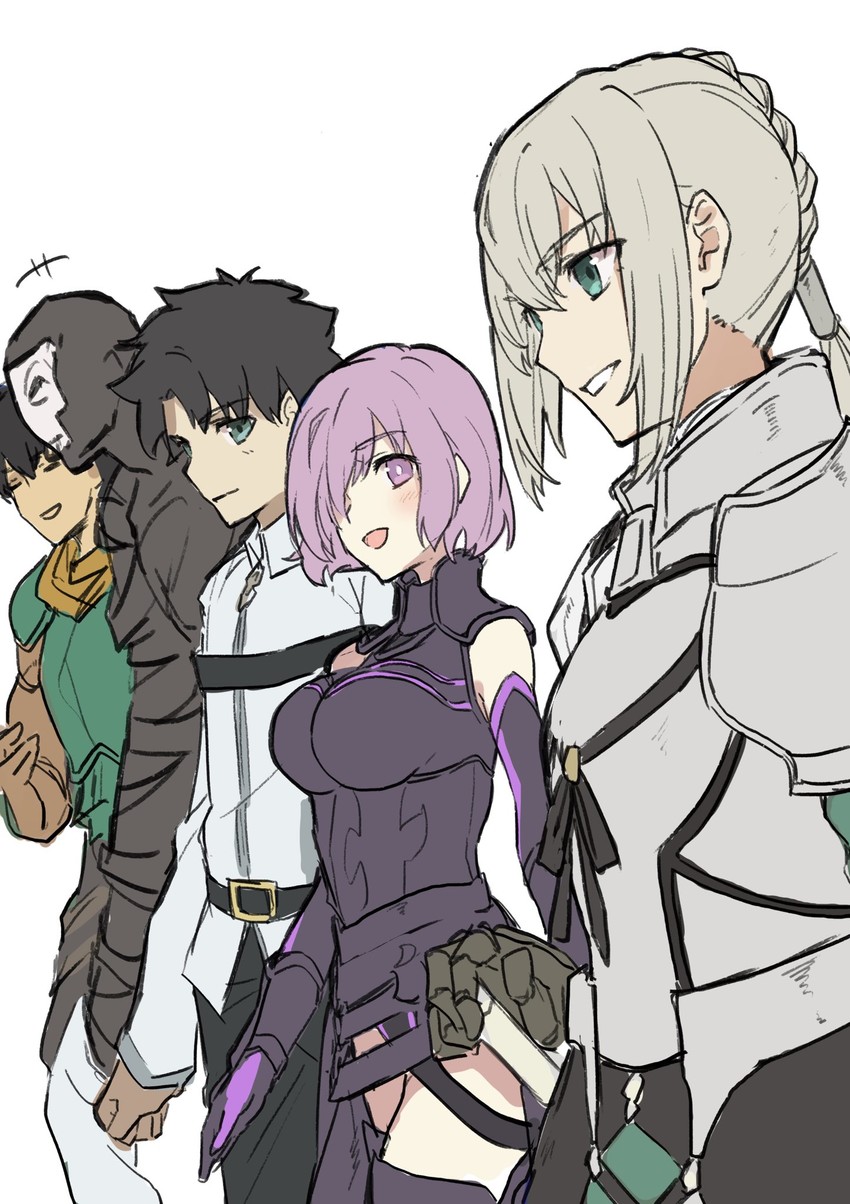 mash kyrielight, fujimaru ritsuka, bedivere, hassan of the cursed arm, and arash (fate and 1 more) drawn by teshima_nari