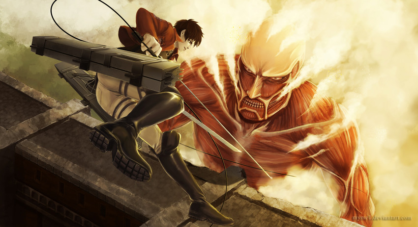 eren yeager, titan, and colossal titan (shingeki no kyojin) drawn by myme1
