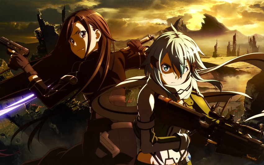 kirito and sinon (sword art online) drawn by suzuki_gou