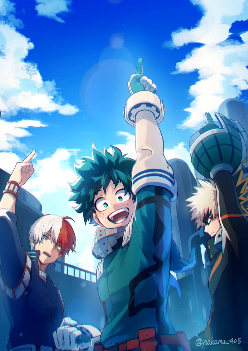 midoriya izuku, bakugou katsuki, and todoroki shoto (boku no hero academia) drawn by nakamu_405
