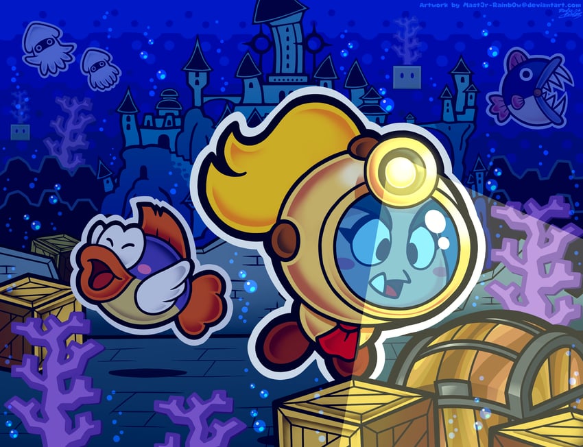 blooper, goombella, sushie, and goomdiver (mario and 3 more) drawn by mast3r-rainb0w