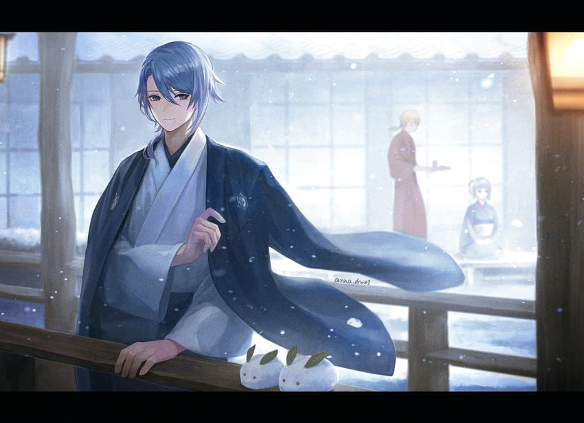 kamisato ayaka, kamisato ayato, and thoma (genshin impact) drawn by anna_(drw01)