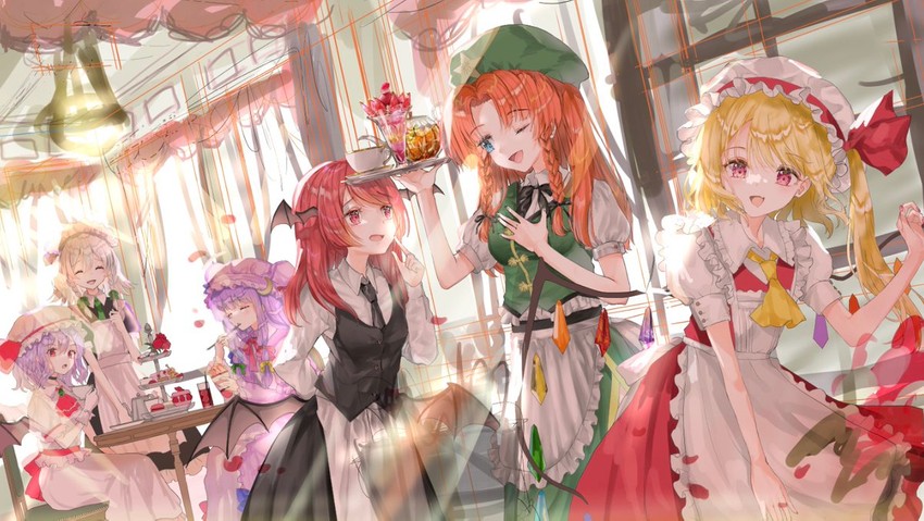 remilia scarlet, flandre scarlet, izayoi sakuya, patchouli knowledge, hong meiling, and 1 more (touhou) drawn by piyo_(sqn2idm751)