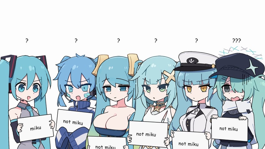 hatsune miku, sona, hiyori, faruzan, ene, and 1 more (blue archive and 5 more) drawn by channel_(caststation)