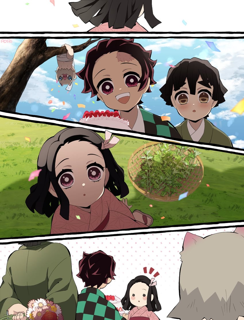 kamado nezuko, kamado tanjirou, agatsuma zenitsu, and hashibira inosuke (kimetsu no yaiba) drawn by pori_(kmt_pori)