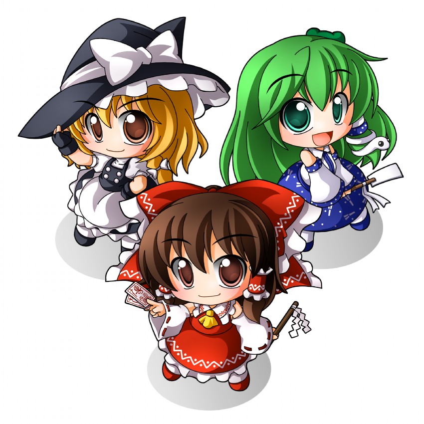 hakurei reimu, kirisame marisa, and kochiya sanae (touhou) drawn by shinjitsu