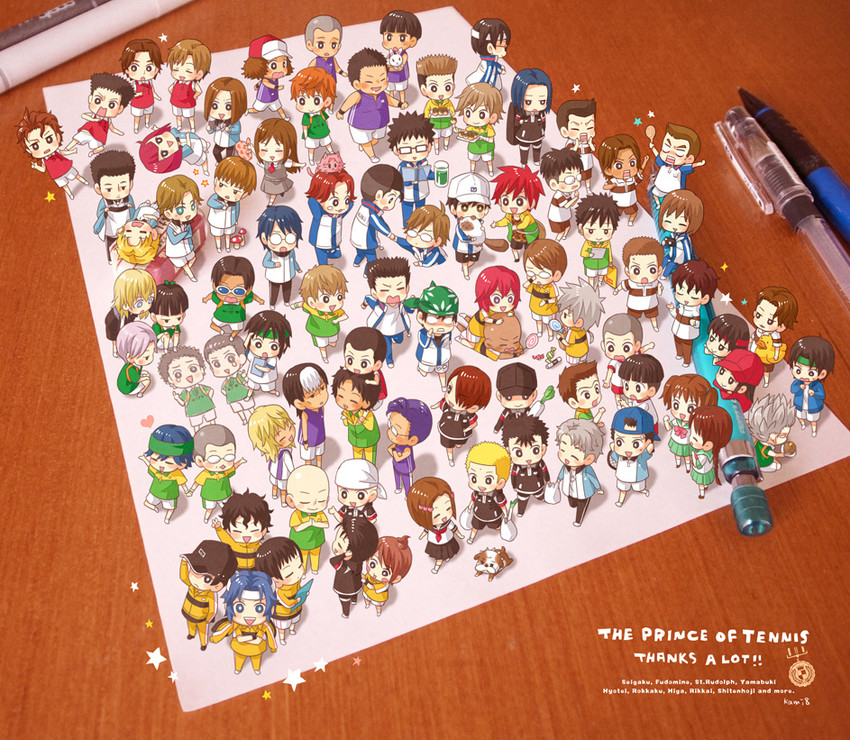 echizen ryooma, yukimura seiichi, niou masaharu, atobe keigo, yagyuu hiroshi, and 76 more (tennis no ouji-sama) drawn by fujisawa_kamiya