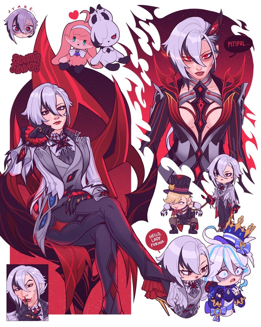 furina, lyney, peruere, and arlecchino (genshin impact) drawn by bloominflowers