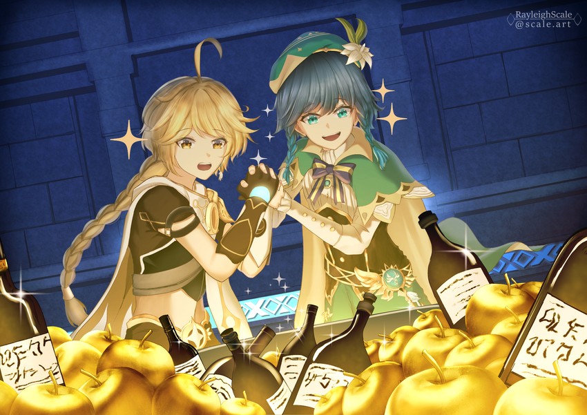 aether and venti (genshin impact) drawn by rayleigh_scale