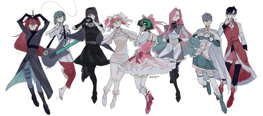 akemi homura, kaname madoka, miki sayaka, sakura kyoko, sua, and 3 more (mahou shoujo madoka magica and 1 more) drawn by sqwigeon