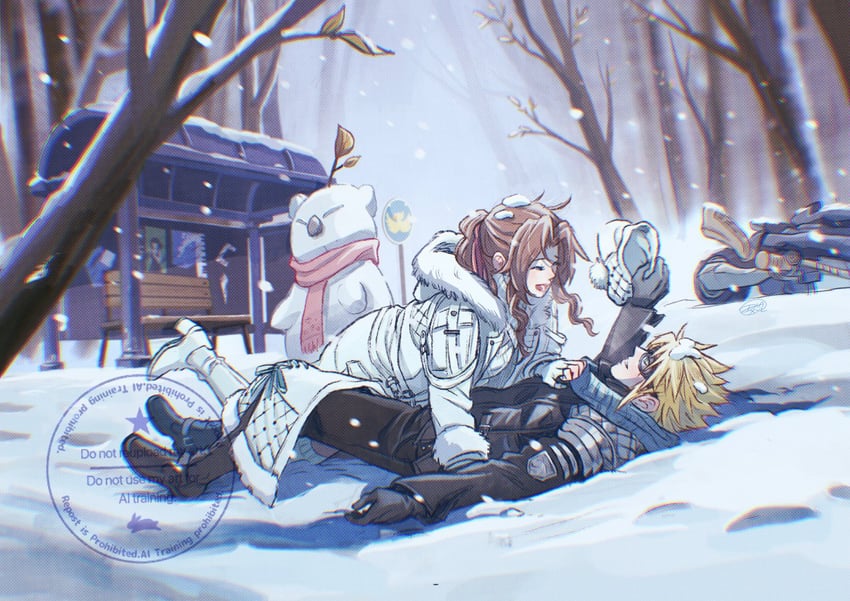 cloud strife, aerith gainsborough, moogle, and fenrir (final fantasy and 2 more) drawn by diana_mercolini