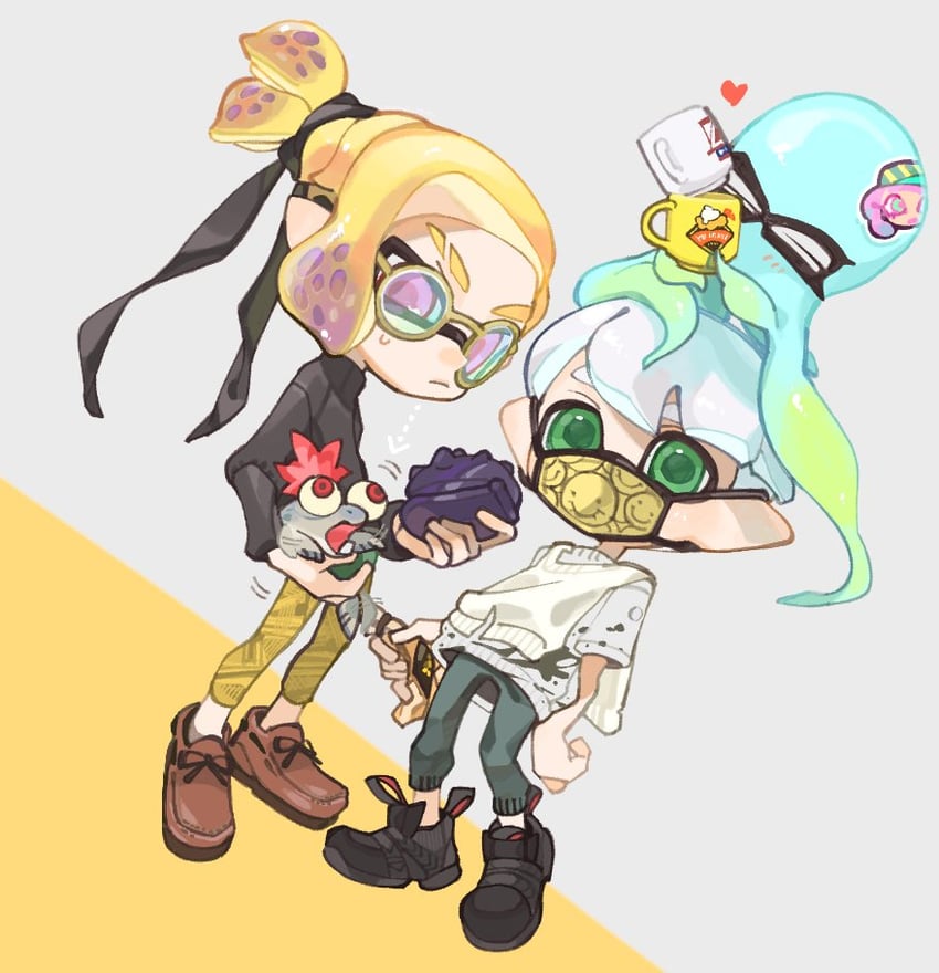 inkling player character, inkling boy, smallfry, and harmony (splatoon) drawn by spl8ya