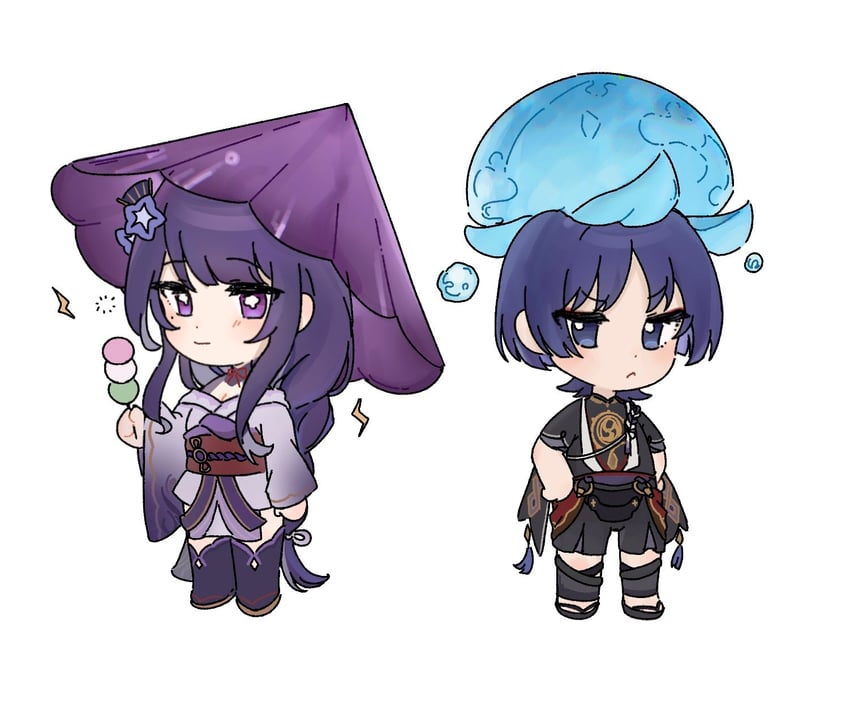 raiden shogun, scaramouche, and fungi (genshin impact) drawn by lillii_nya