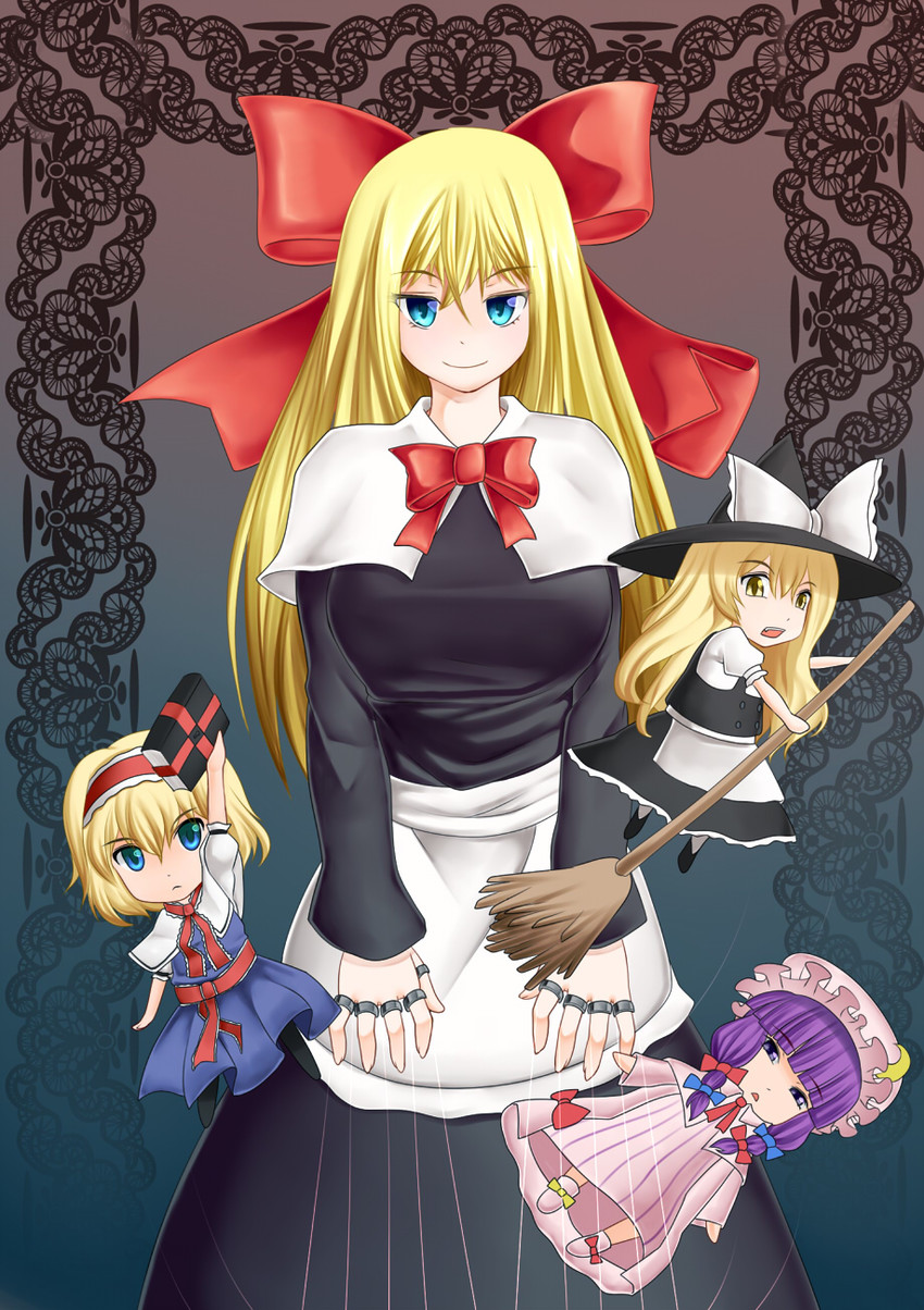 kirisame marisa, alice margatroid, patchouli knowledge, and shanghai doll (touhou) drawn by kurone