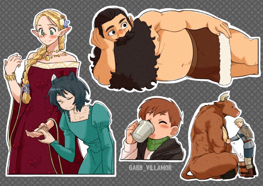 marcille donato, laios touden, senshi, chilchuck tims, and izutsumi (dungeon meshi) drawn by gabbvillamor