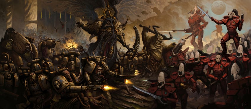 mortarion, nurgle, and nurgling (warhammer 40k) drawn by g-redon