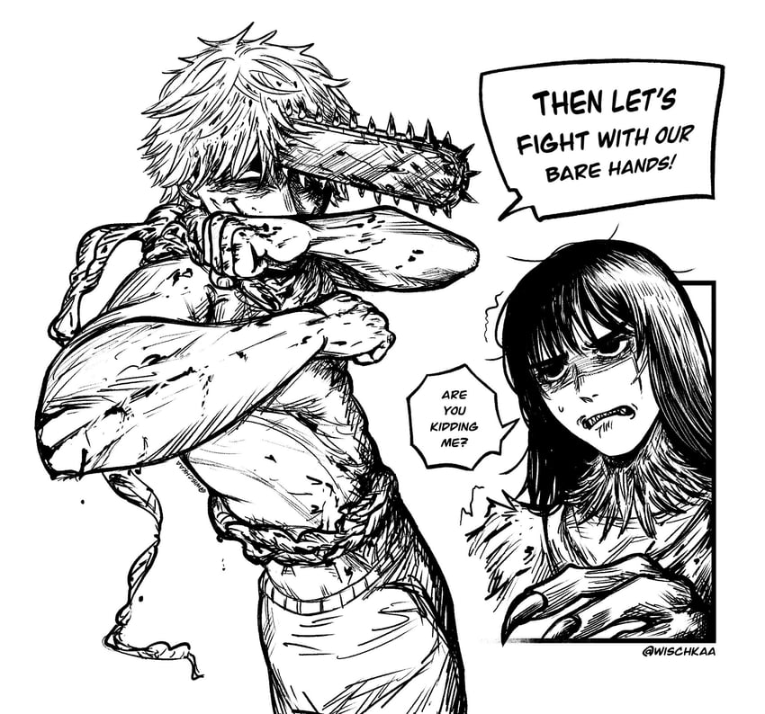 denji, yoru, and mitaka asa (chainsaw man) drawn by wischkaa