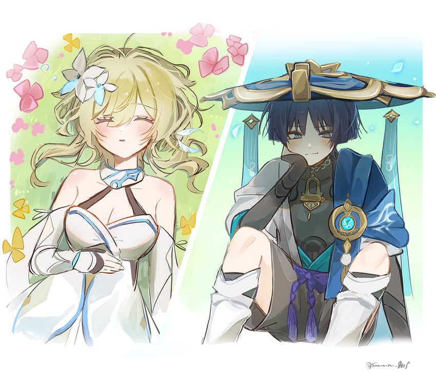 lumine, scaramouche, and wanderer (genshin impact) drawn by samon_(vxxr8575)