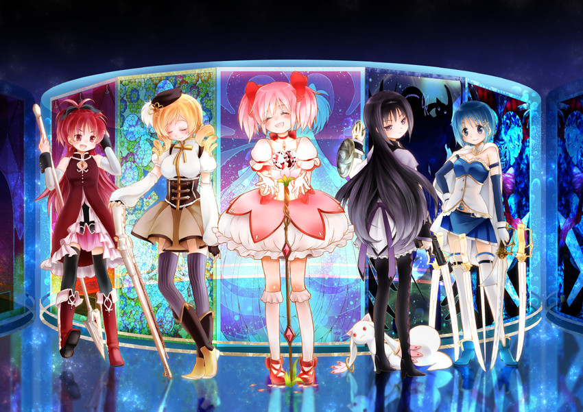 akemi homura, kaname madoka, miki sayaka, sakura kyoko, tomoe mami, and 1 more (mahou shoujo madoka magica and 1 more) drawn by oka_(umanihiki)