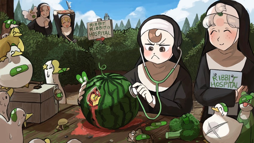 clumsy nun, froggy nun, sheep nun, and hungry nun (little nuns) drawn by diva_(hyxpk)