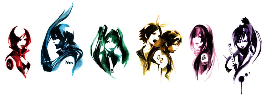 hatsune miku, kagamine rin, kagamine len, megurine luka, kaito, and 2 more (vocaloid) drawn by taka_(frostbite)