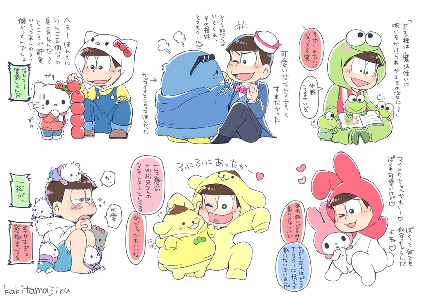 matsuno osomatsu, matsuno karamatsu, matsuno ichimatsu, matsuno jyushimatsu, matsuno choromatsu, and 13 more (sanrio and 6 more) drawn by kaki_bana